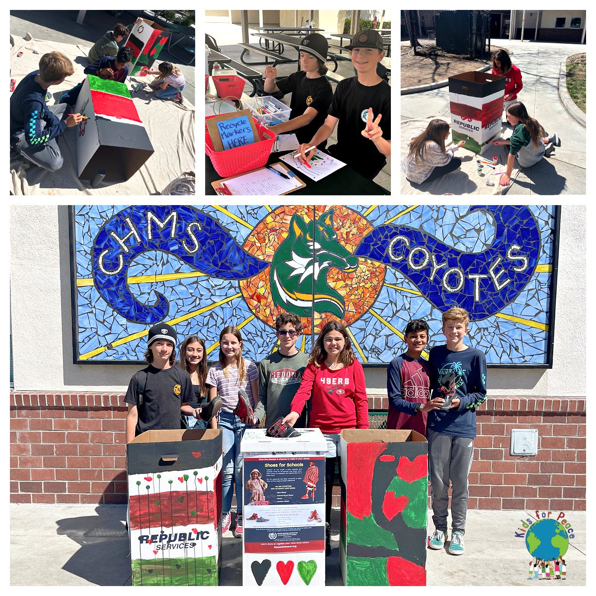 KidsforPeace's tweet photo. CHMS KfP in Carlsbad, California, USA put the Peace Pledge into action by caring for our earth! They tested &amp; recycled markers. They also decorated shoe collection boxes for the Shoes for Maasai Schools campaign. Thank you, CHMS KfP, for uplifting our world through love &amp; action! https://t.co/jb3DzPdthv