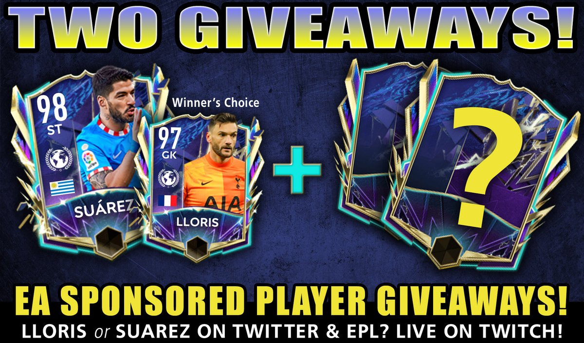 FinallyHeSleeps's tweet photo. TWO GIVEAWAYS THIS WEEK!

Community 97 Lloris or 98 Suarez on Twitter!
Mystery EPL TOTS choice on TWITCH!

To Enter the TOTS Lloris/Suarez giveaway:
- follow me
- follow @EAFIFAMOBILE
- RT / Like this Tweet

Winner will be drawn May 13th at reset from this tweet's RTs on Twitch https://t.co/hrbH2h1Htv