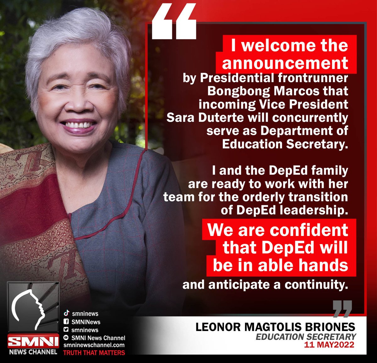smninews's tweet photo. Education Sec. Leonor Briones welcomes VP candidate @indaysara as the next possible @DepEd chief. https://t.co/6514EebhR4