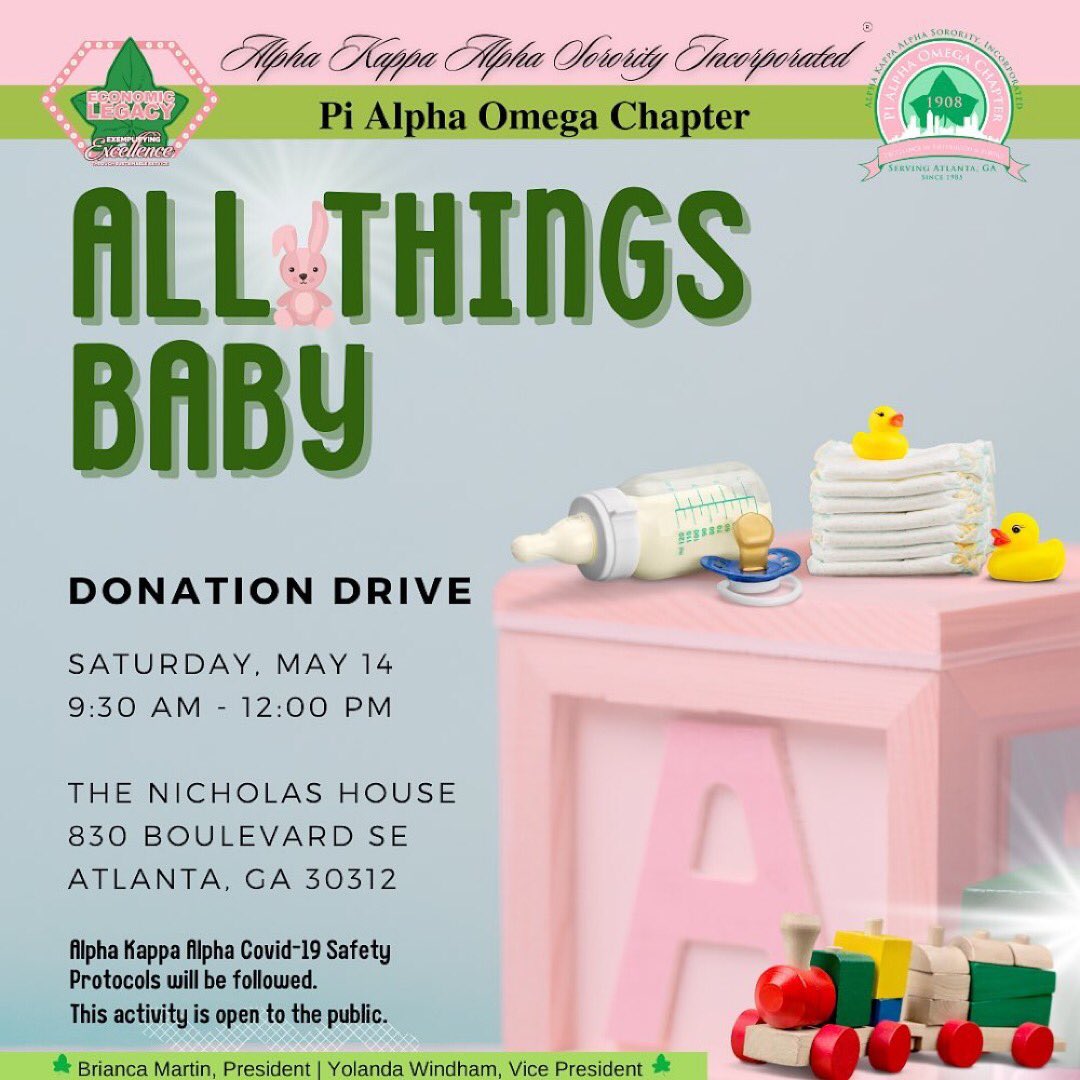 PiAlphaOmega85's tweet image. Posted @withregram • @pialphaomega85 Join the Ladies of Alpha Kappa Alpha Sorority, Inc. Pi Alpha Omega Chapter for the "All Things Baby" Donation Drive!

Saturday, May 14 from 9:30 AM - 12:00 PM at Nicholas House, 830 Boulevard SE, Atlanta, GA 30312
