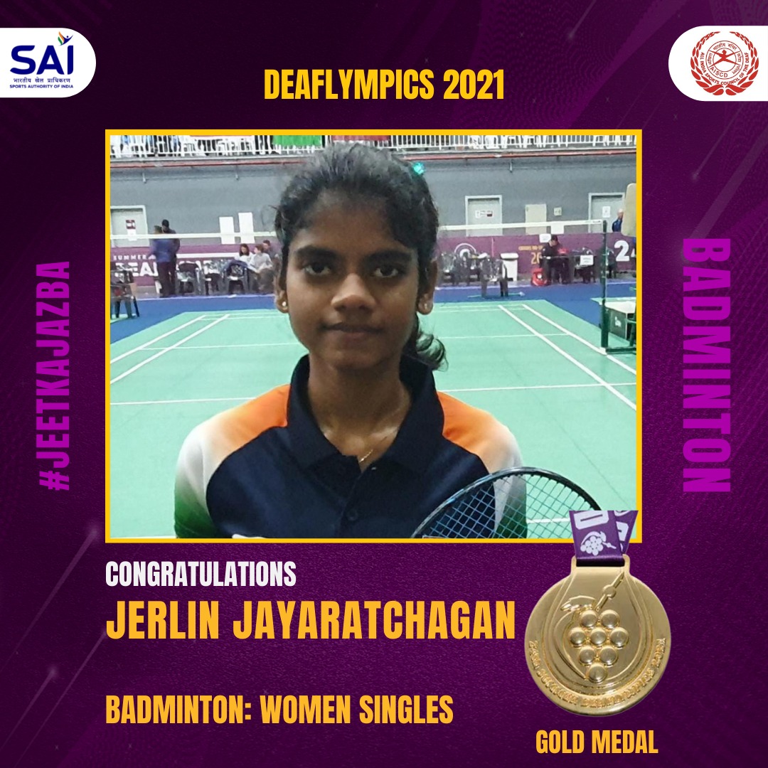 Media_SAI's tweet photo. #MedalAlert 🚨

18-yr old Jerlin Jayaratchagan 🏸continues her dominating run to clinch Gold 🥇 after defeating Austria's K. Neudolt (21-17, 21-18) in WS gold medal match 🔥🔥

Our heartiest congratulations on winning 🇮🇳's 5️⃣th GOLD at Brazil #Deaflympics2021 🎊💐
#JeetKaJazba https://t.co/qAi8LIkAyl