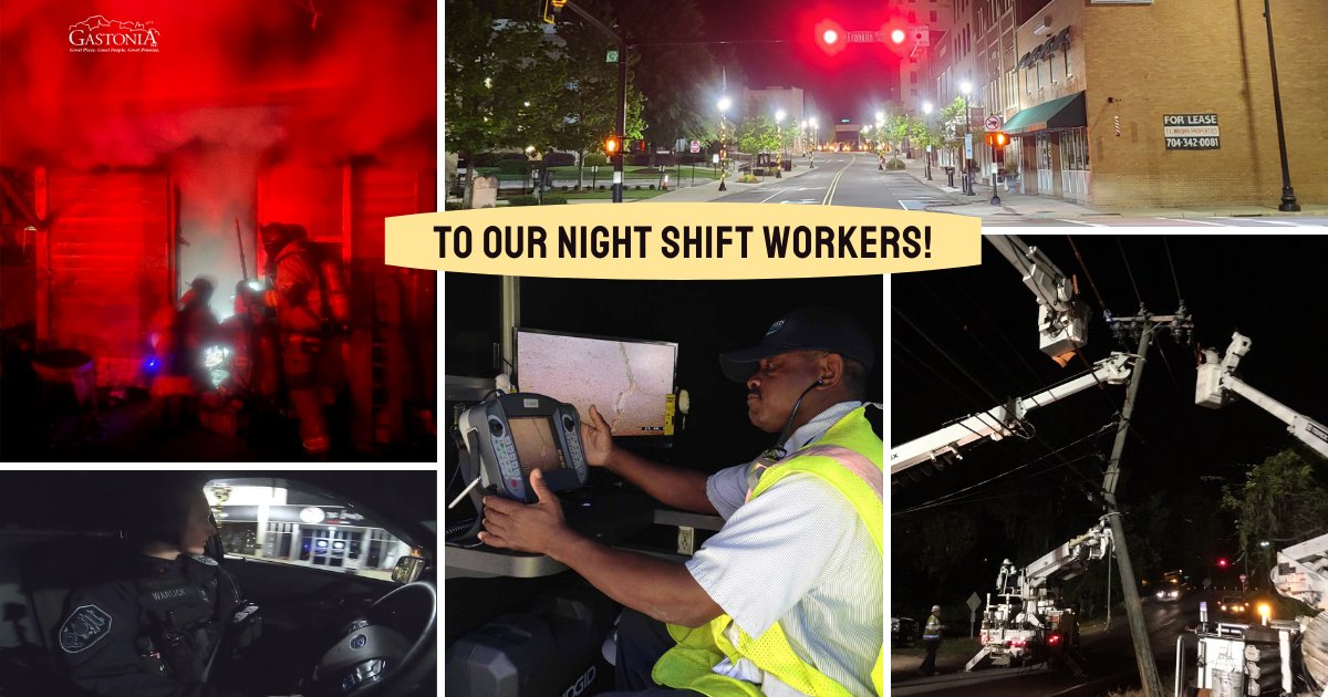 CityofGastonia's tweet photo. Day ๐ and NIGHT๐, many Gastonia departments are hard at work. They include @GastoniaFire, @GPDNC,Electric, Utilities Maintenance, Water & Wastewater Treatment and more. Thank you to all night-shift workers! #NightShiftWorkersDay #ThirdShiftWorkersDay #RoundTheClockService https://t.co/TXul2cWmFd
