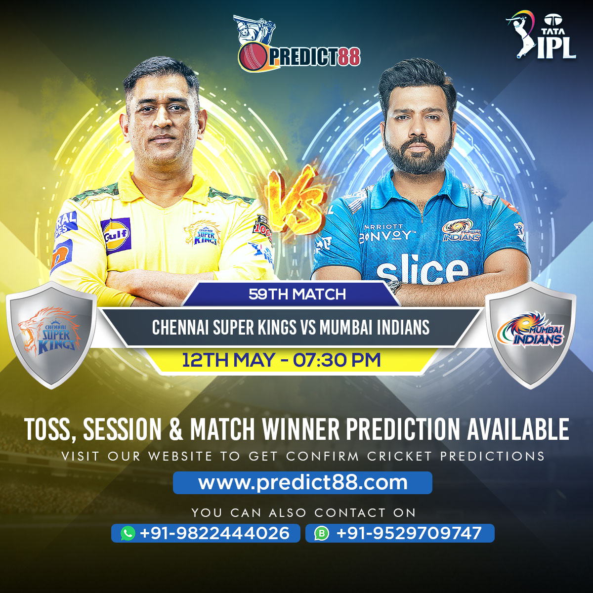 Predict88cricke's tweet photo. Indian Premier League 2022.
59th Match
Chennai Super Kings vs Mumbai Indians
100% Confirm Match Report Available On Our Website . For More Details Contact On WhatsApp.
#predict88 #indianpremierleague #chennaisuperkings #mumbaiindians #royalchallangersbanglore https://t.co/RxH8lhWkI8