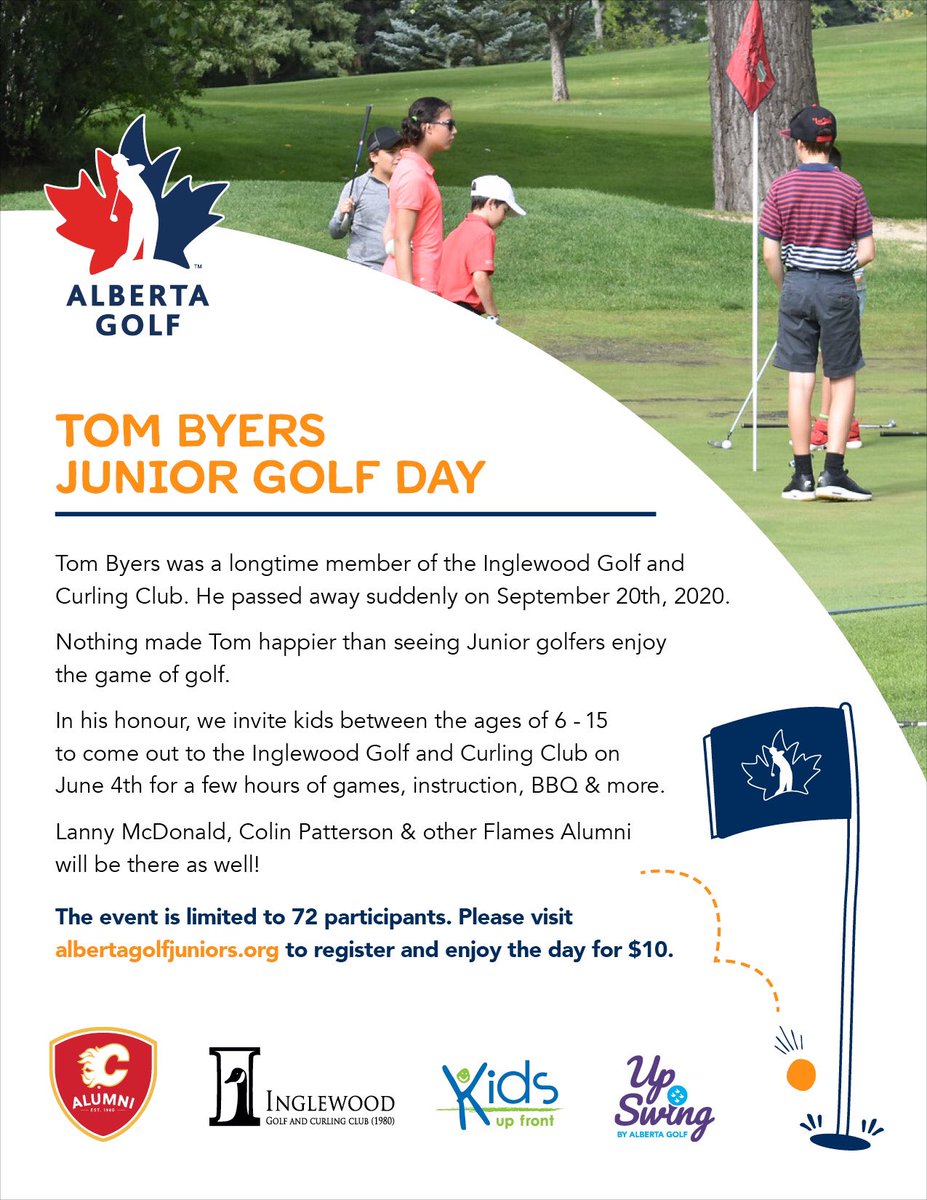 Kids aged 6-15 sign up now for the Tom Byers Junior Golf Day, Saturday June 4 at <a href="/Golf_Inglewood/">Inglewood Golf Club</a> 

Only $10.

Full info and registration here 👇
albertagolfjuniors.org/tom-byers-juni…

<a href="/UpSwing_Golf/">UpSwing</a> <a href="/NHLFlames/">Calgary Flames</a> Alumni, <a href="/KidsUpFrontCalg/">Kids Up Front Calg</a> 

RT !! ⛳️