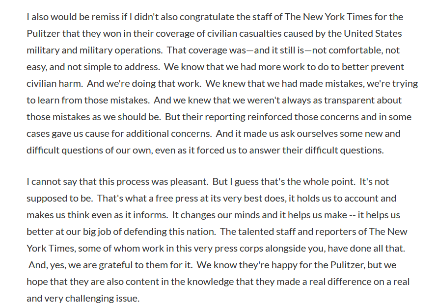 ErikWemple's tweet image. Pentagon spox John Kirby yesterday congratulated the New York Times for its Pulitzer-winning investigation of overseas U.S. airstrikes: