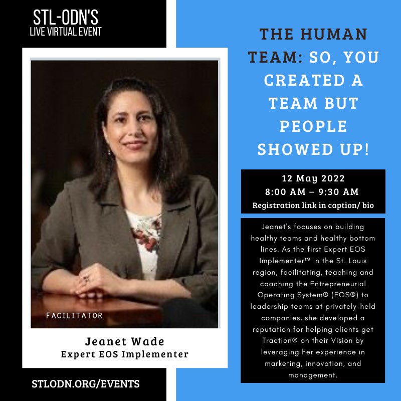 Join our VIRTUAL event on May 12th, 2022 – The Human Team: So, You Created a Team But People Showed Up! 

• Teams are the key multiplier 
• Learn Six Facets of Human Needs 

➡️ Register at stlodn.org/event-4724368. 

#Grow #STLODN #OD #network #organizationdevelopment
