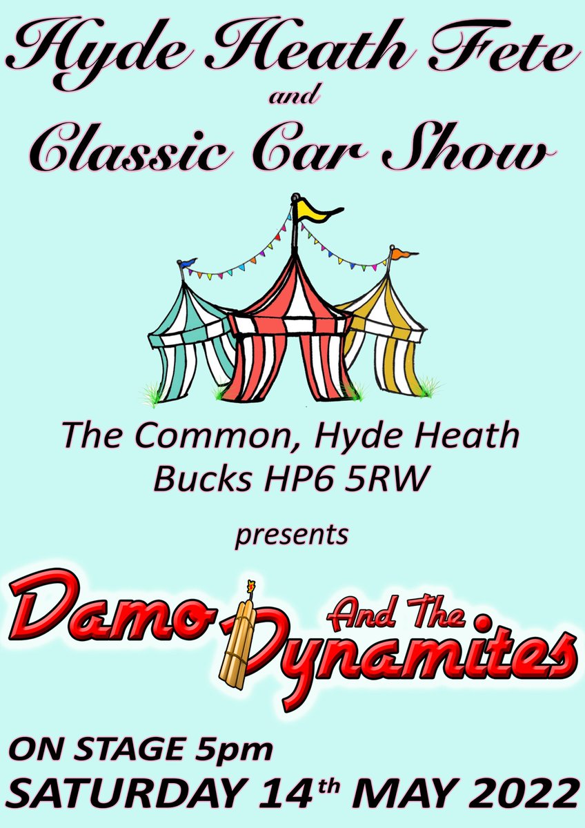 DamoDynamites's tweet photo. This coming Saturday 14th we'll be playing at the #HydeHeathFete on the outdoor stage, in the beer tent, from 5pm. It's on the green opposite #ThePloughPub!
The Fete starts at 12.30 and has lots of stalls and family entertainment, so pop down early and make it a day out! 👍👏🤩☀️ https://t.co/APbJDkNlZJ