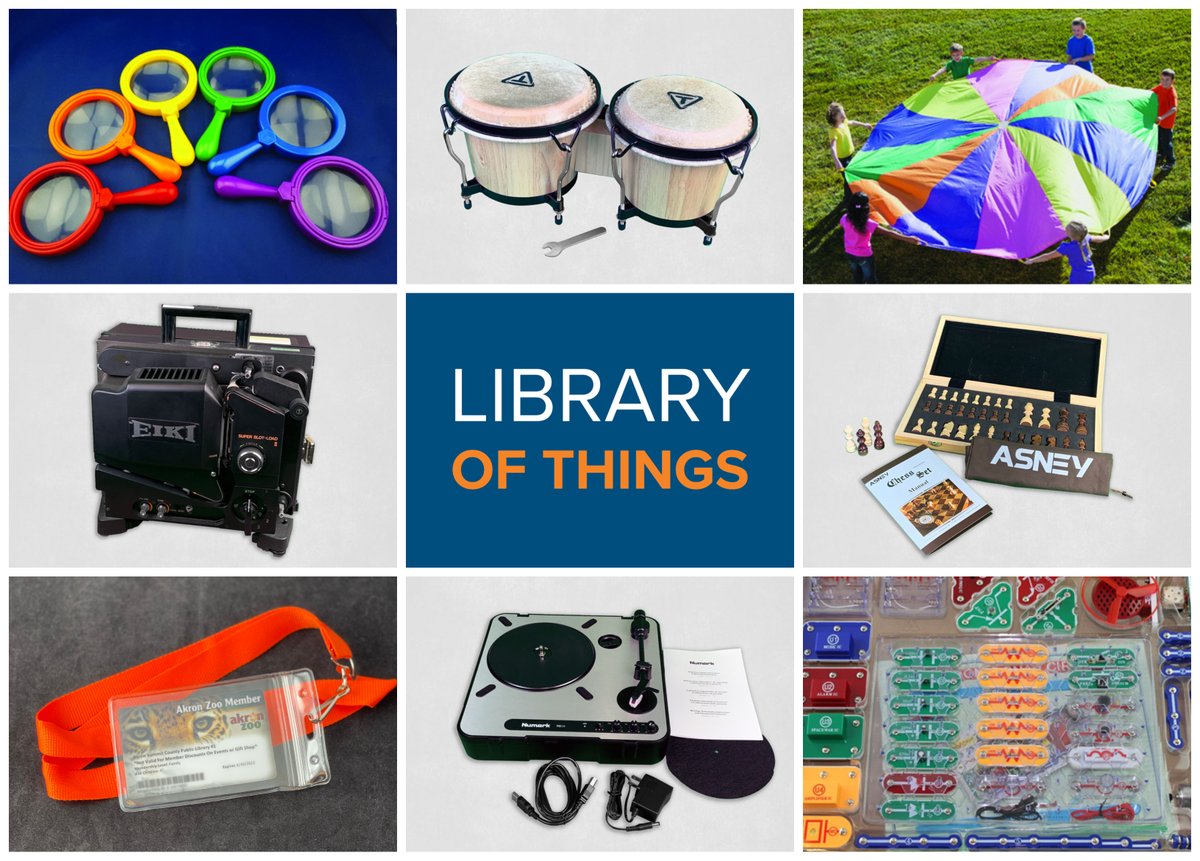 akronlibrary's tweet photo. Our "Library of Things" has expanded! You can now borrow bongos, zoo and art museum passes, a play parachute, binoculars, a 16mm projector, a turntable, Snap Circuits, a plasma ball, board games, a soil test kit, DVD/VCR combo, magnifiers, and much more! 

https://t.co/9LSBfK1Fte https://t.co/jtZ0hPN69N