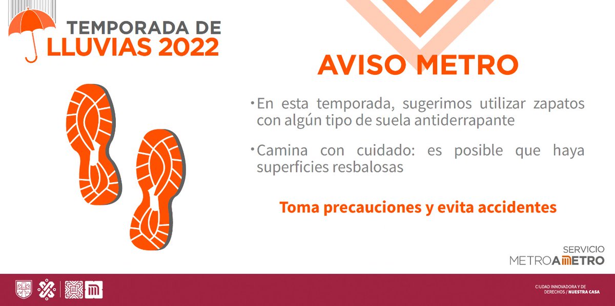 MetroCDMX's tweet photo. Te sugerimos que en temporada de lluvia utilices zapatos con suela antiderrapante. Camina con cuidado para evitar accidentes en tu traslado https://t.co/IsLRv8bV1A