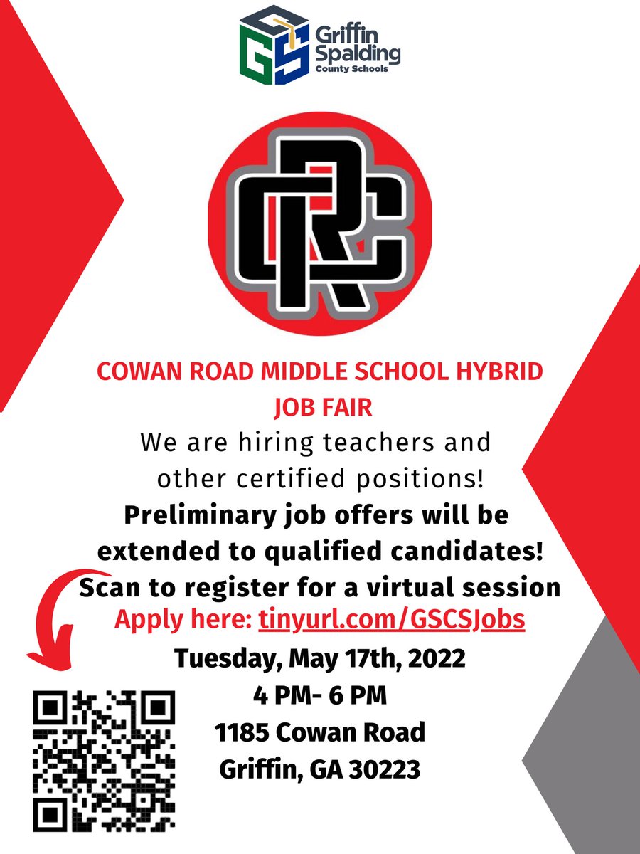 <a href="/cowanroad1/">Cowan Road Middle</a> is hosting a hybrid job fair next week for teachers and paraprofessionals! For more information, email humanresources@gscs.org.            Apply @ Tinyurl.com/GSCSJobs