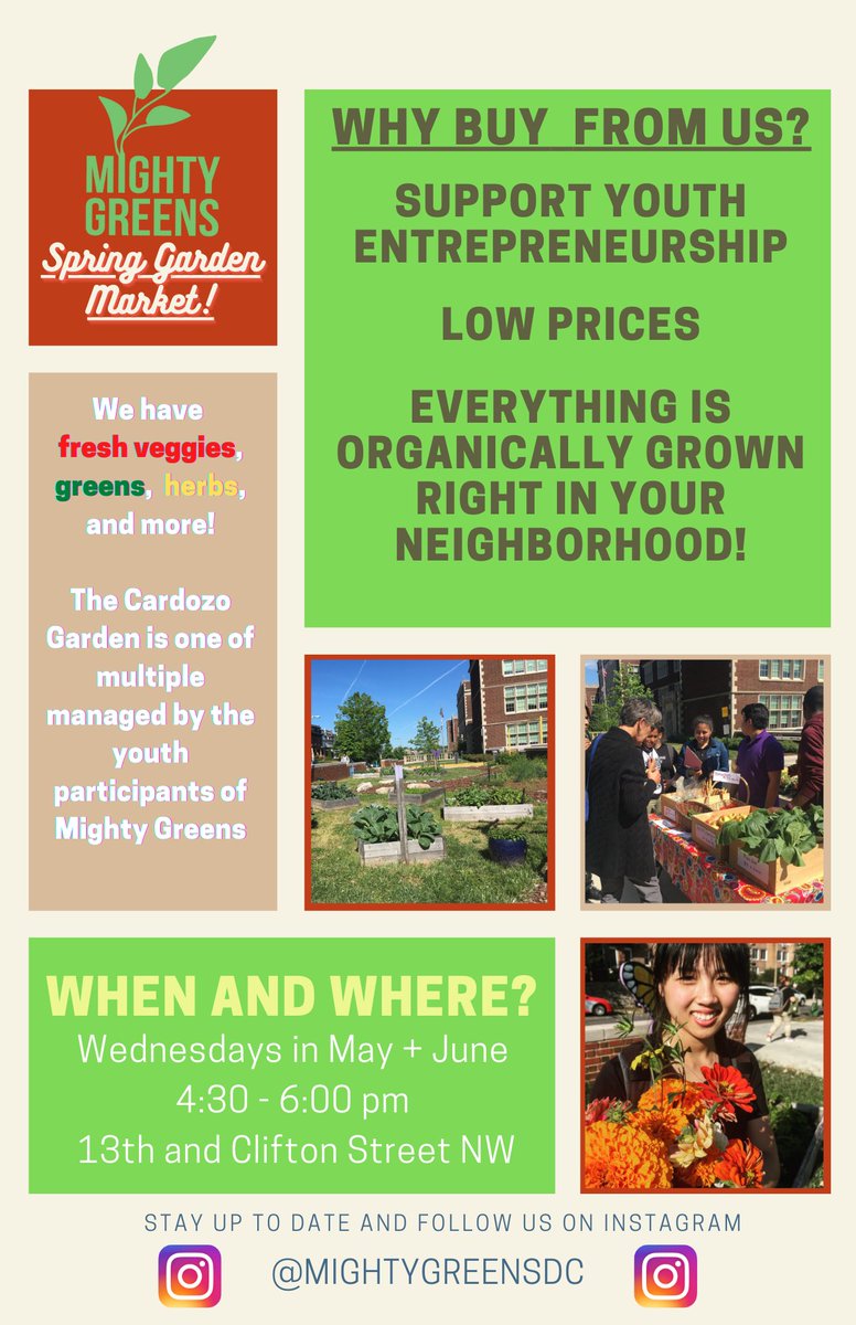 CityBlossoms's tweet photo. Mighty Greens Spring Garden Markets are back!
Find the Mighty Greens team in front of the Cardozo EC Garden (at the corner of 13th St. and Clifton St. NW) every Wednesday this May and June, from 4:00 - 6:00PM. They'll be selling fresh flowers, herbs, and produce #DCGrown💐🌿🥬🥕 https://t.co/6y3TZ24wgq