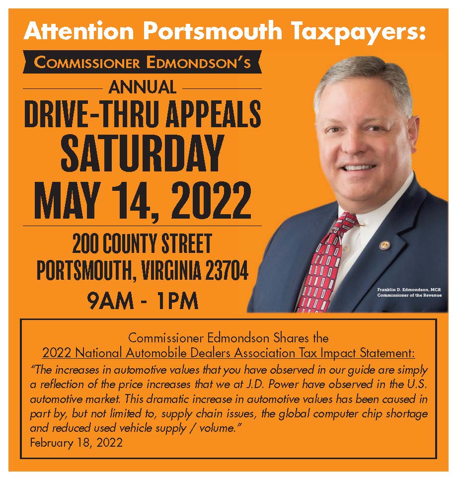 ATTENTION PORTSMOUTH TAXPAYERS: Drive-Thru Appeals annual event Saturday, May 14, from 9 a.m. to 1 p.m. Find details in the poster here . . .