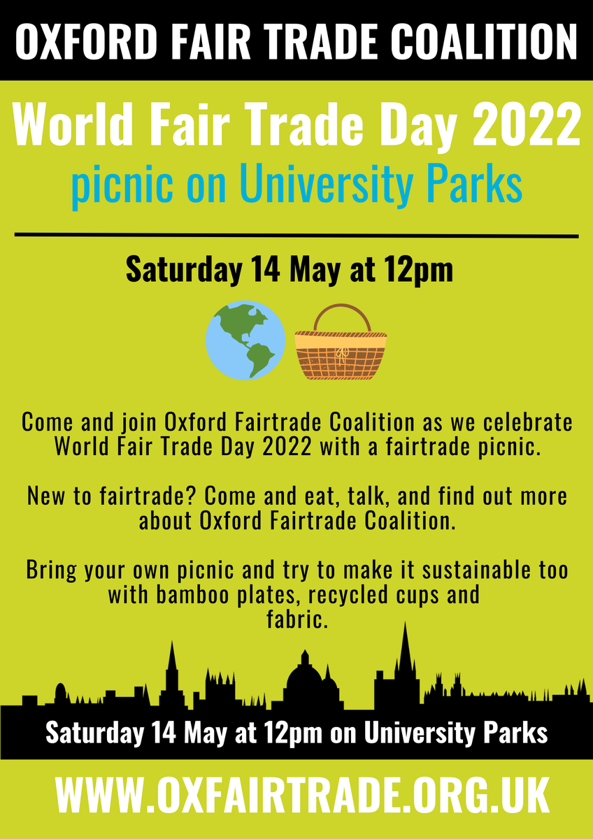 oxfairtrade's tweet photo. Today is #WorldFairTradeDay🌍

Come and join us for a Fair Trade and sustainable picnic in University Parks at 12pm. 

Some items you could bring along include chocolate, coffee, tea, biscuits, granola, and more. 

Let us know if you will be joining us: https://t.co/7h00whkuwx https://t.co/KbMrqDs7nN