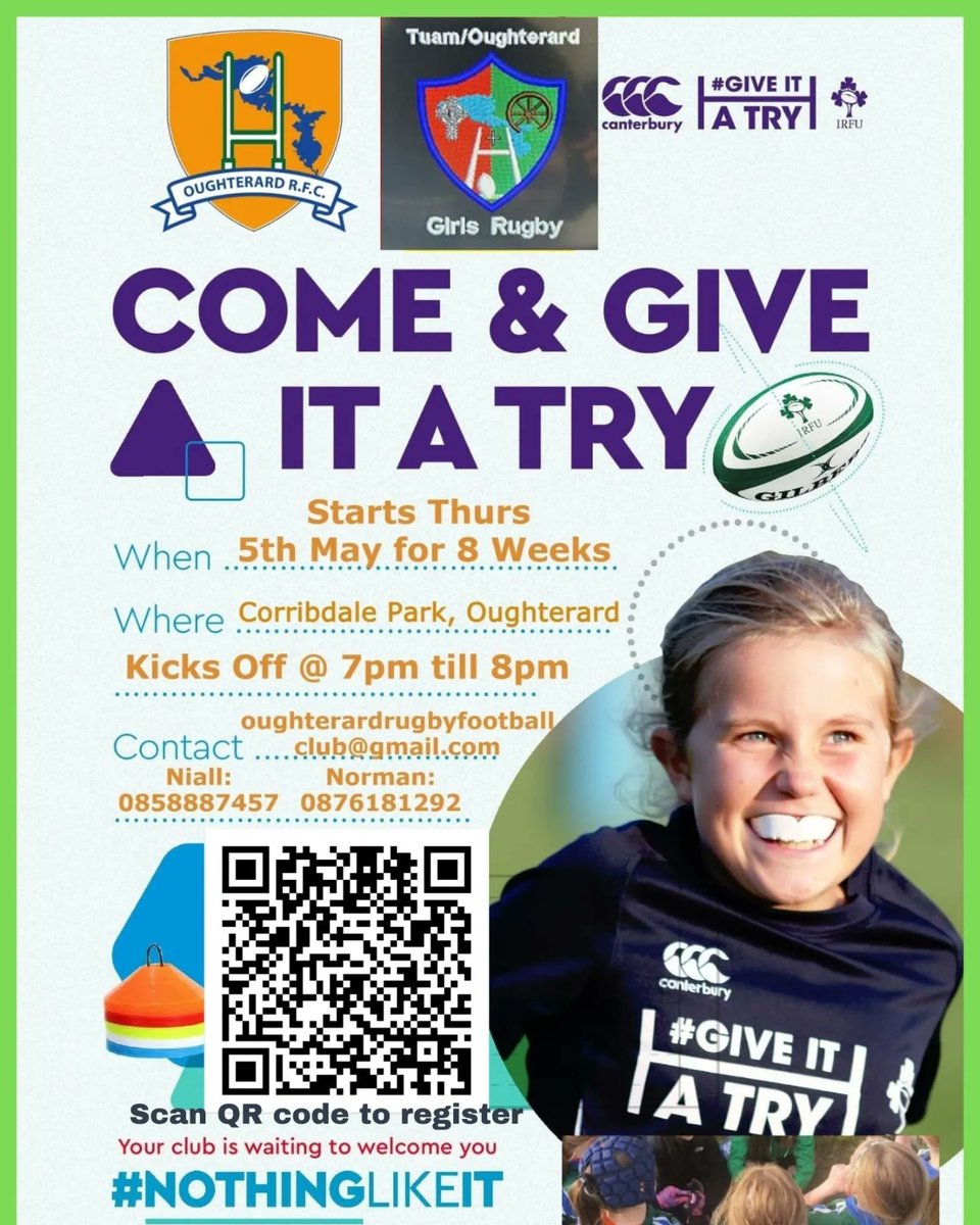 Give it a Try!! 🟢🟠 Bígí linn!!

🙌🏽🏉Calling all girls to come give rugby a try at #OughterardRFC 

🟢🟠Please register below

irfu.sportsmanager.ie/sportlomo/regi…

8 weeks of FUN Rugby for Girls  continuing every Thurs from 7-8pm 

#giveitatry #nothinglikeit #rugby #CCCGITAT2022