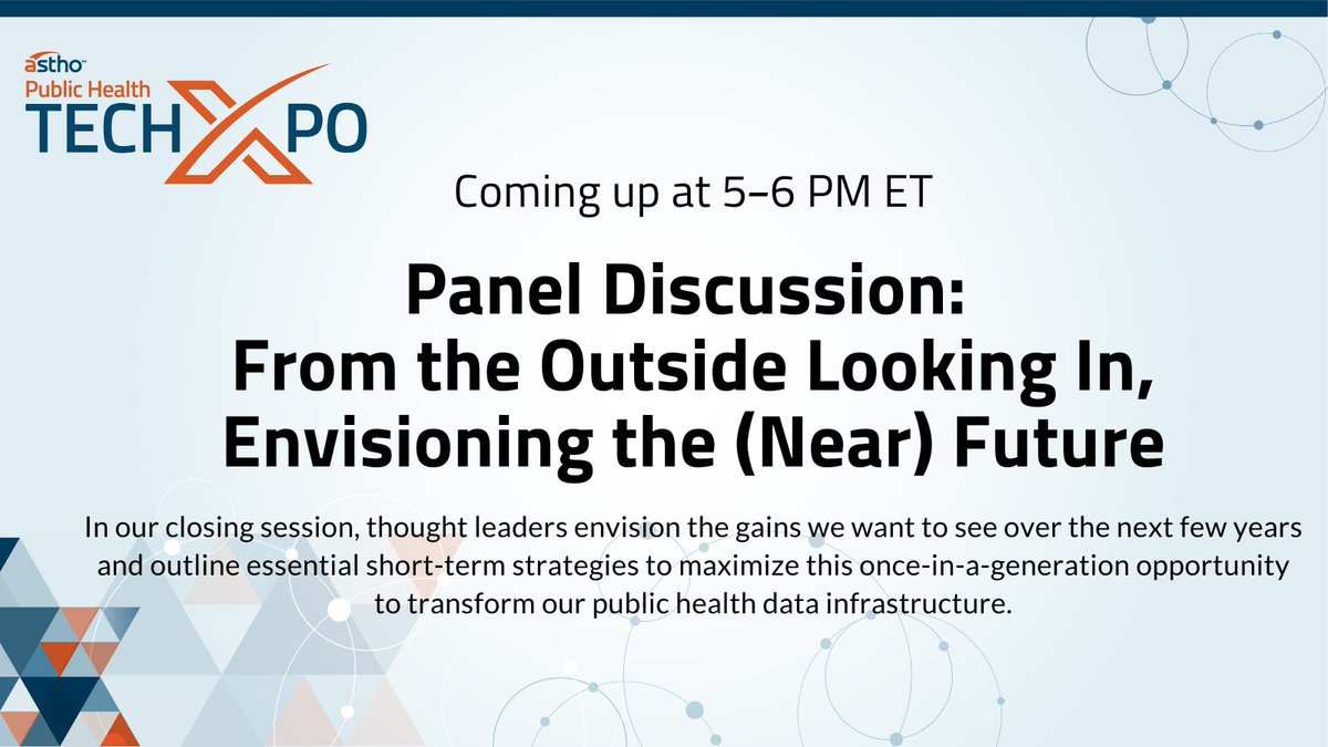 ASTHO's tweet photo. The #ASTHOTechXpo is almost coming to an end! 

Don't miss out on the final panel discussion with @mfraserdc1, @bylenasun (@washingtonpost), @DrReedTuckson, and Stanley Campbell (@TheEagleForce).

#datamodernization #informatics https://t.co/gVptMJF2md https://t.co/qH55OVHlBg