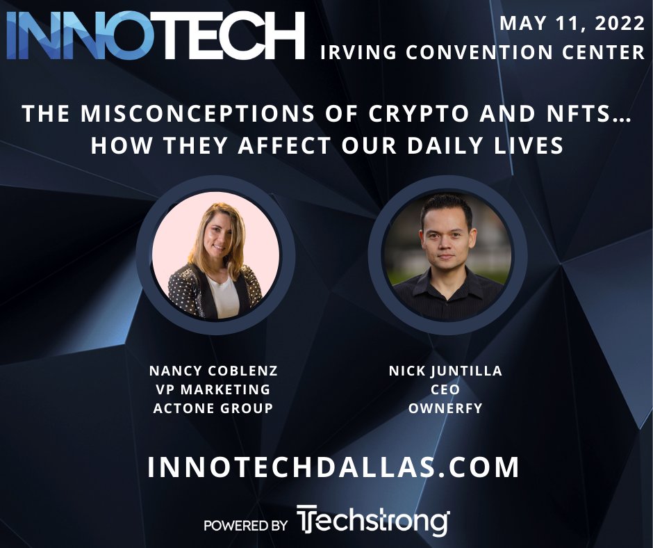 TechstrongTV's tweet image. 🔴  LIVE at #InnoTechDFW: Nick Juntilla and Nancy Coblenz are exploring crypto, NFTs and how they’re affecting our daily lives.

Stream live: techstrong.tv