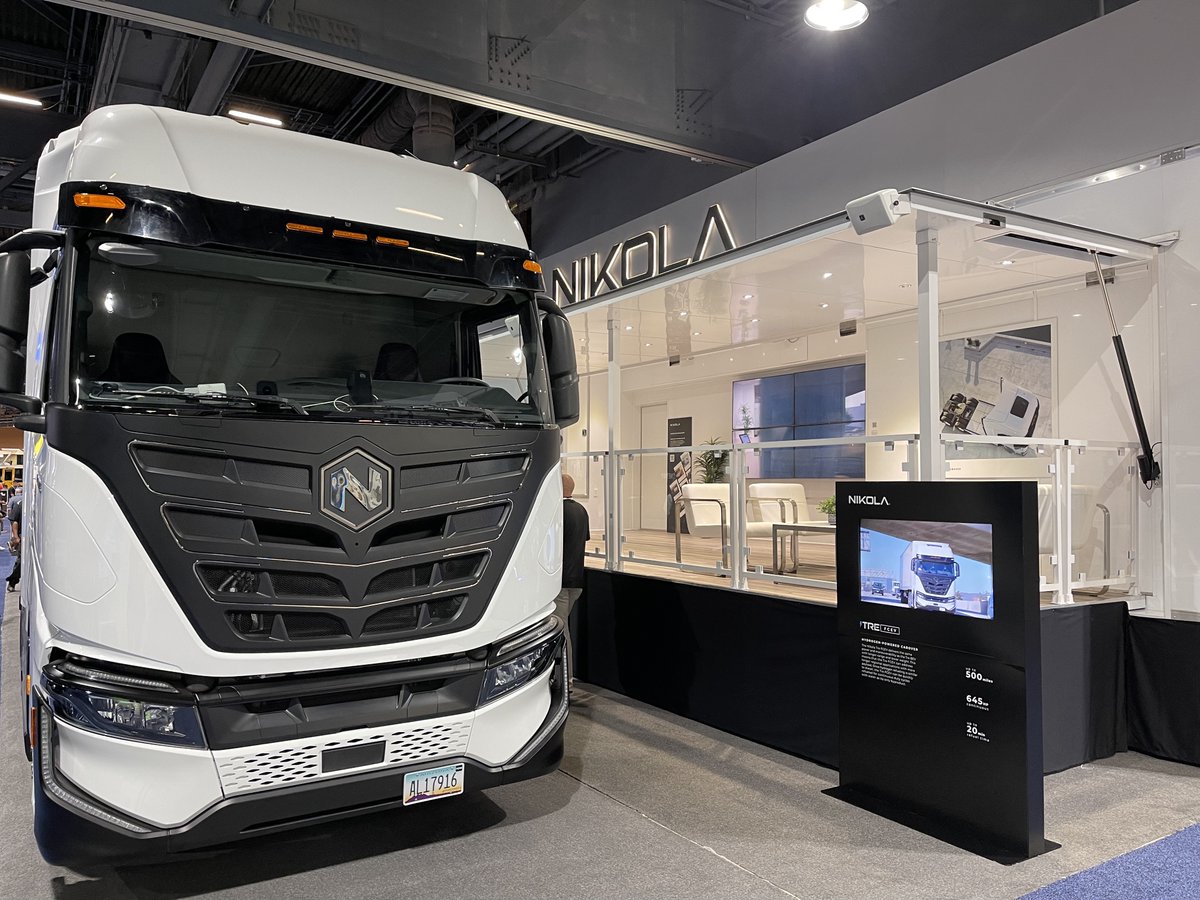 nikolamotor's tweet photo. It's the final countdown to see the #NikolaTreBEV and alpha #NikolaTreFCEV! The #NikolaTeam will be here in booth 1658 until 5 pm! #ACTEXPO22 https://t.co/WBZLjbRKNZ