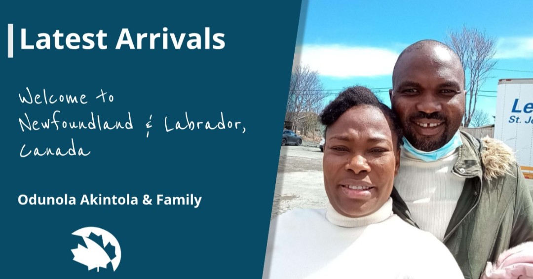 WorkGlobalCAN's tweet photo. Welcome to Canada, Odunola Akintola &amp; family. Originally from Nigeria, is our newest arrivals &amp; will be placed with our client in St. John's, NL. Welcome to your new Canada adventure. #successstories #newarrivals #newcomer #canada #pca #personalcareattendant #easternhealth https://t.co/30a2bKzStq