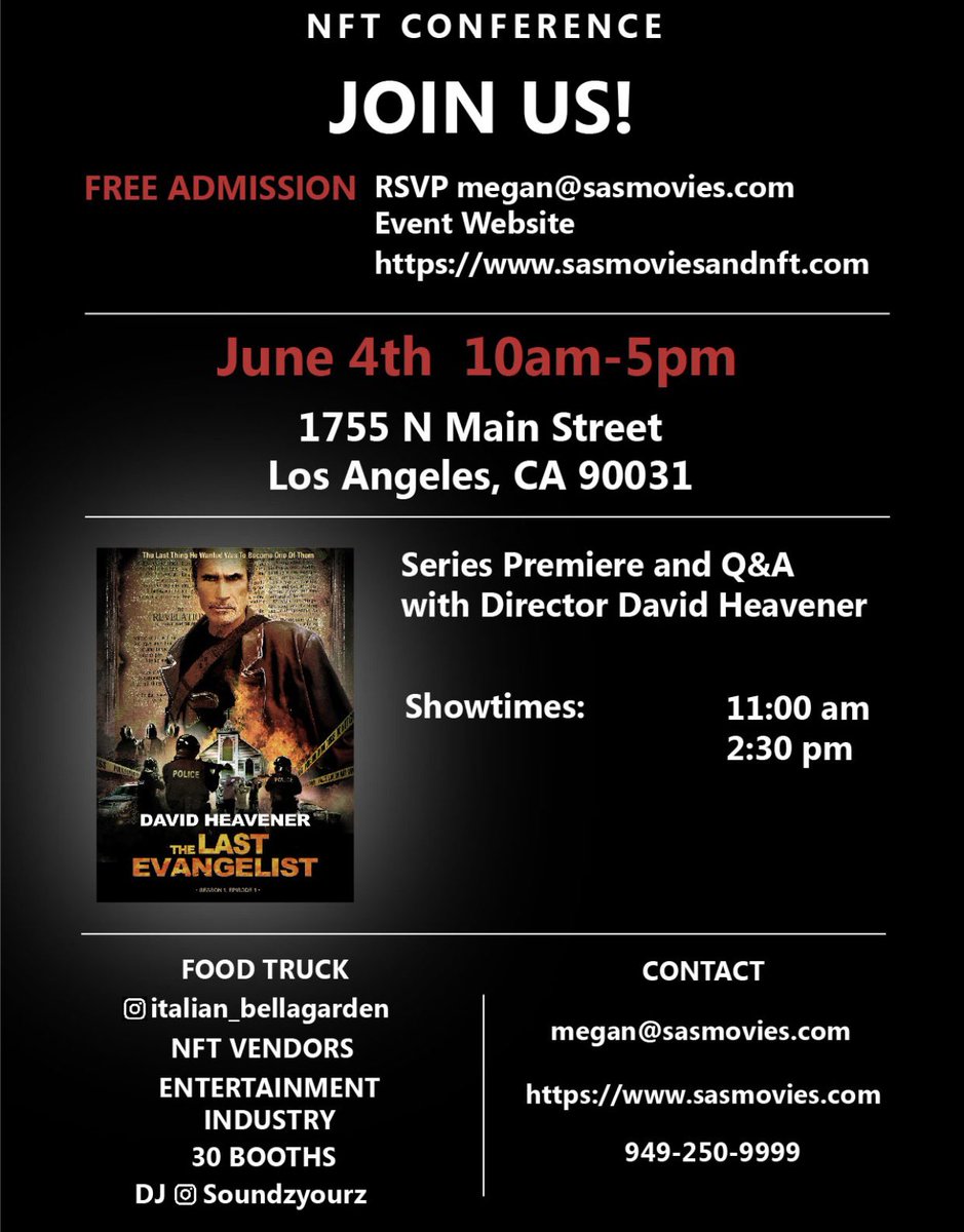 SASMOVIESTUDIO's tweet image. Come visit SAS’s NFT conference on June 4th at our studio! Lots of NFT vendors will be attending 🖼

PLUS, director David Heavener will do a Q&amp;amp;A and a series premiere of “The Last Evangelist”🎥

Great food, NFTs, and a series premiere? LETS DO THIS!😇
sasmoviesandnft.com⬅️