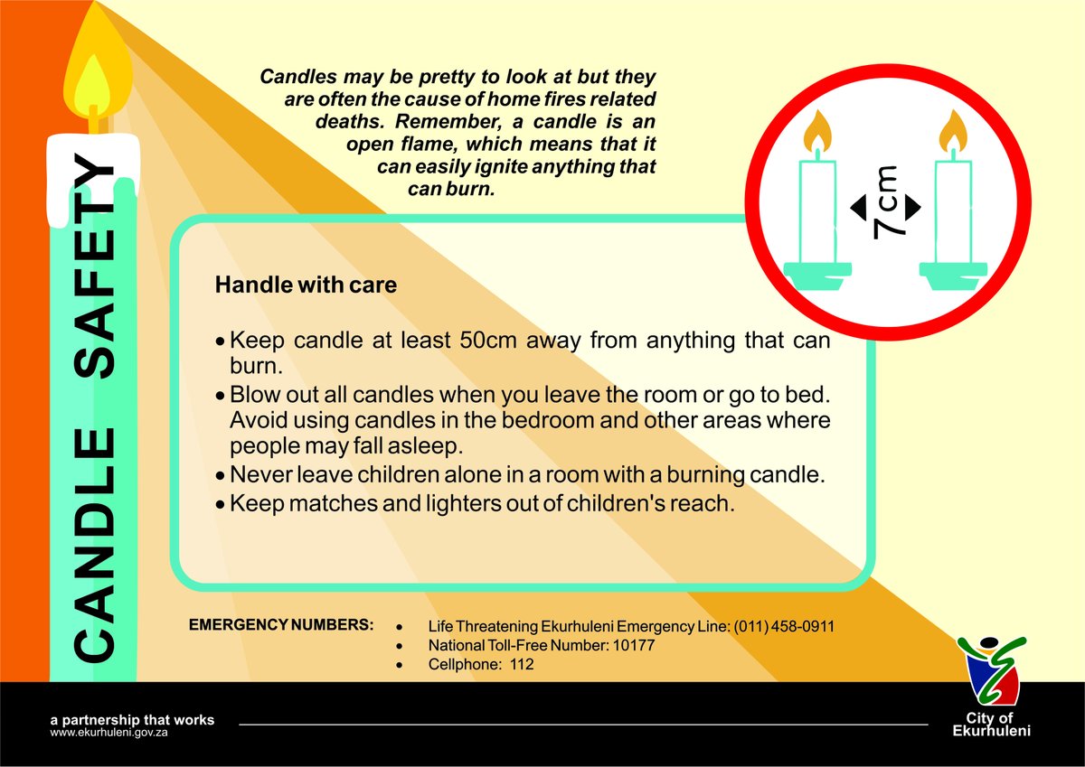 City_Ekurhuleni's tweet photo. CANDLE SAFETY TIPS!!
Do you use candles?This comes with an added risk of house fires and other related dangers. Here are some tips to ensure you and your family stay safe. #CandleSafetyTips https://t.co/GqY6S0lHtD