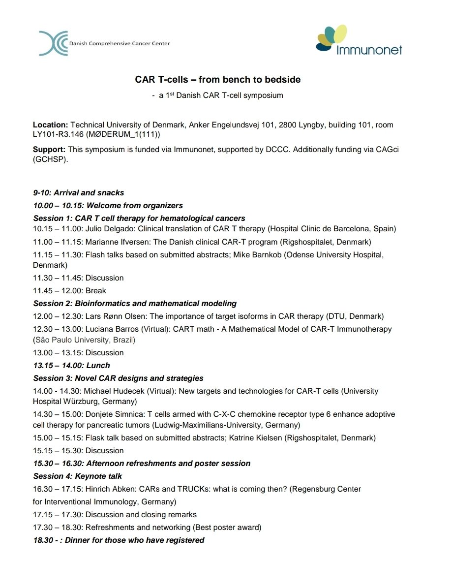 CaptainTCell's tweet photo. The first ever #CART cell symposium on the 19th of May. Interesting program with great speakers. Hosted by @DTUtweet https://t.co/es9Ka6nGfr