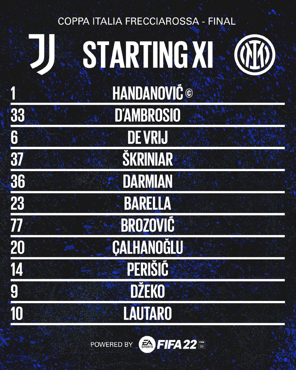 📣 | FORMAZIONE 

Ecco gli 1️⃣1️⃣ scelti da Simone Inzaghi per #JuventusInter 👇

Powered by @EASPORTSFIFA

#CoppaItaliaFrecciarossa #FORZAINTER ⚫️🔵