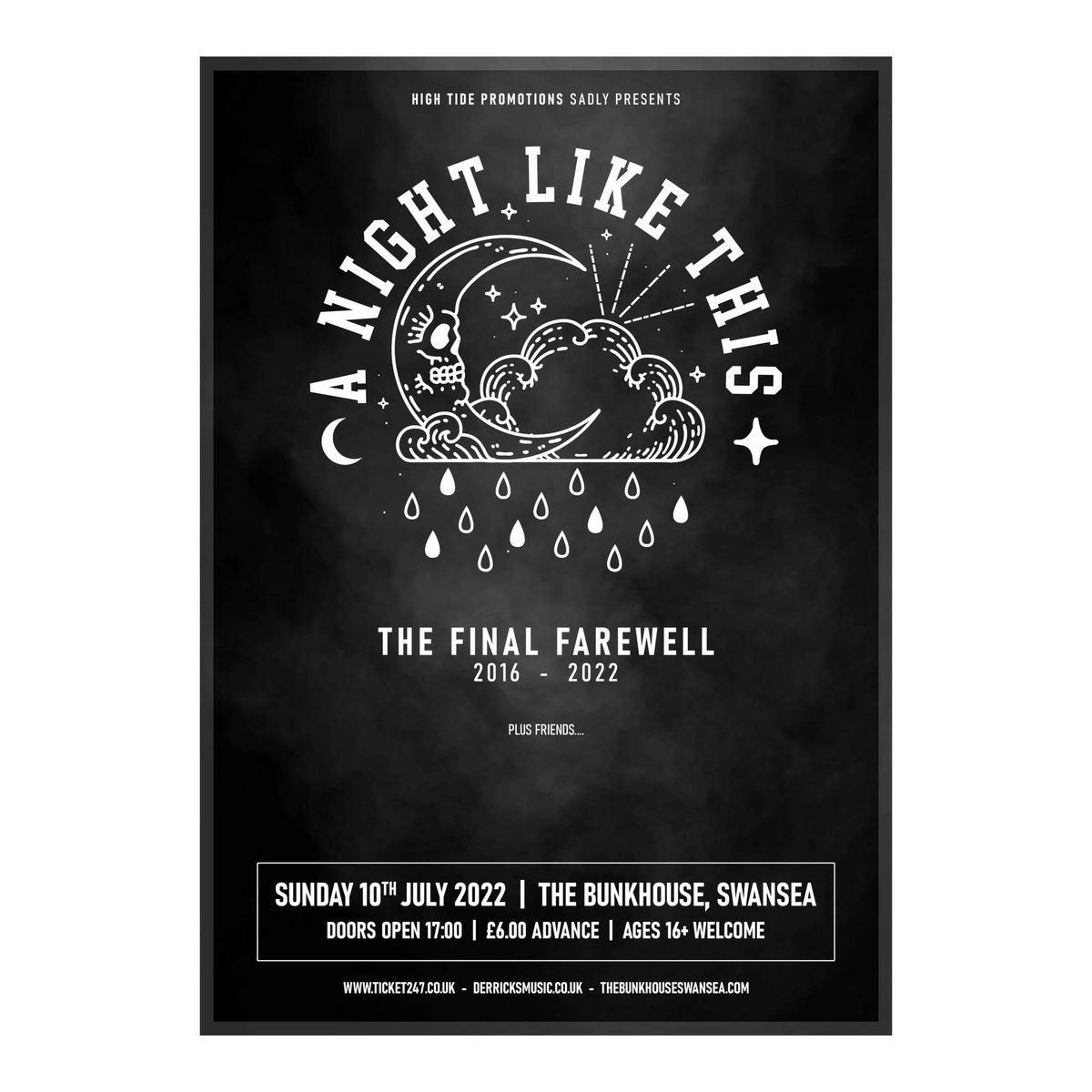 It is bittersweet to announce that our final show will be held on 10th of July at The Bunkhouse in Swansea.

Thank you for all the love we have received the past few days, it means more than we could ever express. 🖤

🎫: FAREWELL SHOW TICKETS: 
ticket247.co.uk/Event/91381

🌙