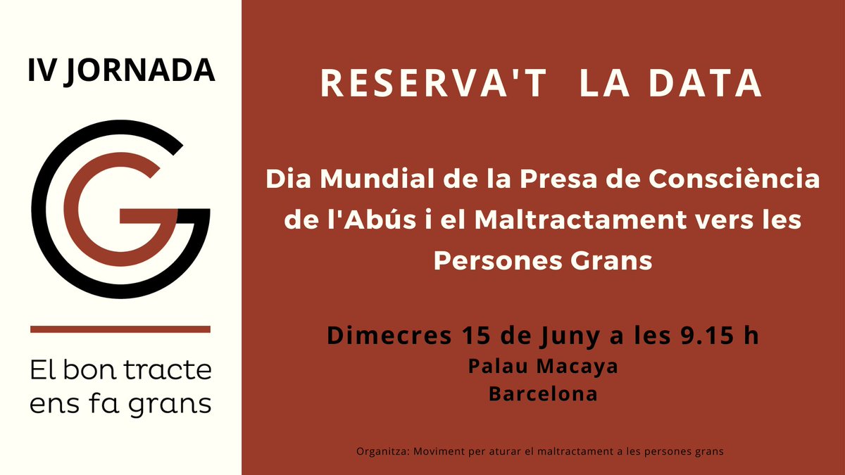 Estem treballant en l'organització de la IV #Jornada del Moviment per aturar el #maltractament a les #personesgrans que tindrà lloc el 15 de juny a les 9.15 h al Palau Macaya de Barcelona.
Després de dos anys, tornem a presencialitat‼️

🗓️RESERVA'T LA DATA

#ElBonTracteEnsFaGrans