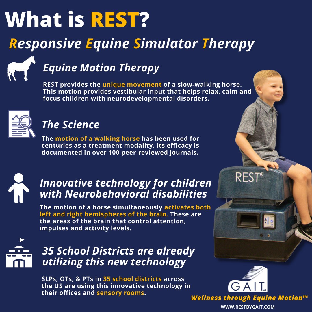 RESTbyGAIT's tweet photo. REST provides the unique movement of a slow-walking horse. This motion provides vestibular input that helps relax, calm and focus children with neurodevelopmental disorders.
#adhd #adhdawareness #adhdproblems #adhdlife #adhdparenting #SLP
#speechtherapy #hippotherapy https://t.co/4fkVzQBFCy