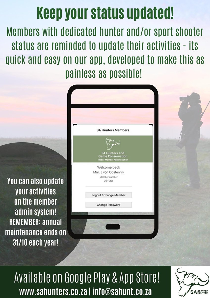 SAJagters's tweet photo. Members with dedicated hunter and/or sport shooter status are reminded to update their activities on the SA Hunters online member administration system or our App.
#SAHunters #SAJagters https://t.co/UtiueBVFtL