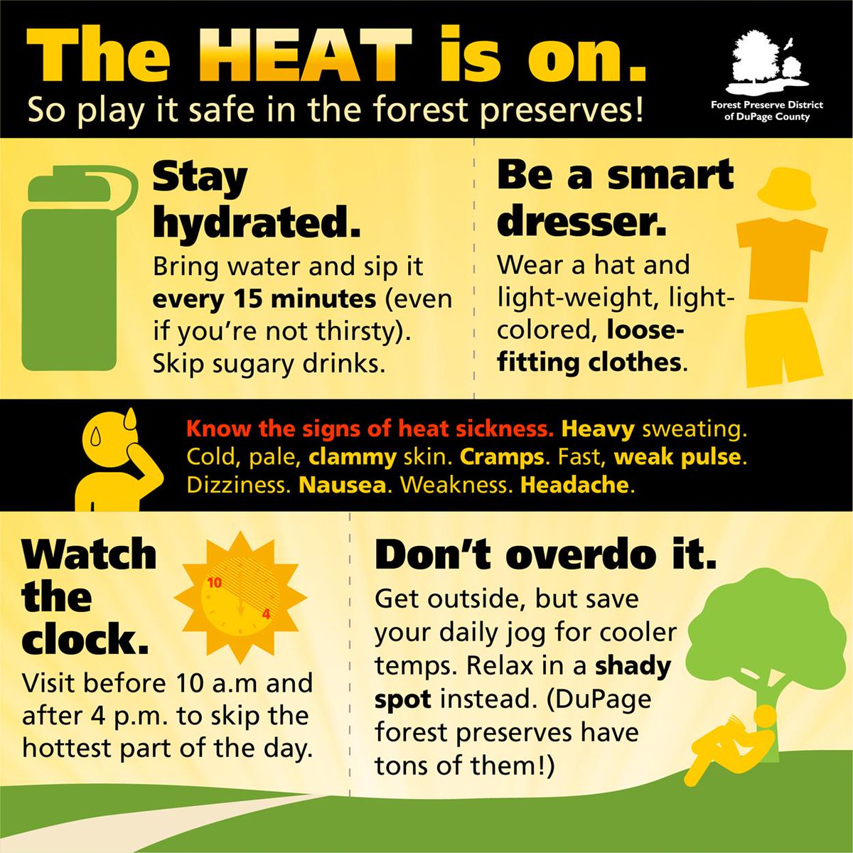dupageforest's tweet photo. After a few weeks of rainy, cool weather, this heat feels intense! Here are a few tips to help you stay safe outdoors as we ease (or dive headfirst!) into summer. https://t.co/8CMk9aWqhW
