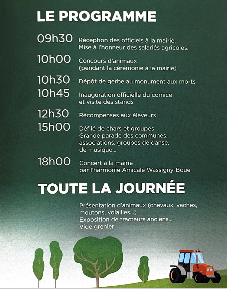 USAA 02 (@usaa_02) on Twitter photo ‼️Le 22/5 vous faites quoi?‼️
▶️RDV à WASSIGNY pour le comice agricole 🐄🚜👨🏻🌾👩🏻🌾
▶️producteurs locaux, matériel, concours et défilé de chars!
<a href="/ecvass02/">Charlotte Vassant</a> <a href="/BecretH/">Becret Hugues</a> <a href="/RegisTRICOTEAUX/">Régis Tricoteaux</a> <a href="/Benoit__lecuyer/">Benoît Lécuyer</a> <a href="/Chambagri_02/">Chambagri_02</a> <a href="/jeunesagri02/">JA 02</a> ‼️Le 22/5 vous faites quoi?‼️
▶️RDV à WASSIGNY pour le comice agricole 🐄🚜👨🏻🌾👩🏻🌾
▶️producteurs locaux, matériel, concours et défilé de chars!
<a href="/ecvass02/">Charlotte Vassant</a> <a href="/BecretH/">Becret Hugues</a> <a href="/RegisTRICOTEAUX/">Régis Tricoteaux</a> <a href="/Benoit__lecuyer/">Benoît Lécuyer</a> <a href="/Chambagri_02/">Chambagri_02</a> <a href="/jeunesagri02/">JA 02</a>