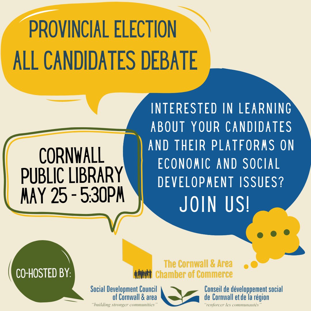 📣We are excited to co-host a Provincial Election All Candidates Debate with The <a href="/chambercornwall/">Cornwall Chamber</a> 📣

Join us on Wednesday May 25th at 5:30pm at the @CornwallPubLibr as we ask our local candidates questions about economic and social development issues.