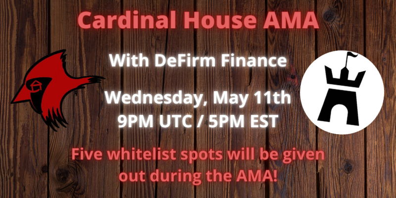 CardinalHouse1's tweet photo. Our AMA with @DeFirmFinance is today at 5PM EST.

Join our Discord to tune in! 

https://t.co/dyZGS7HnsI https://t.co/wNkQu1UqBP