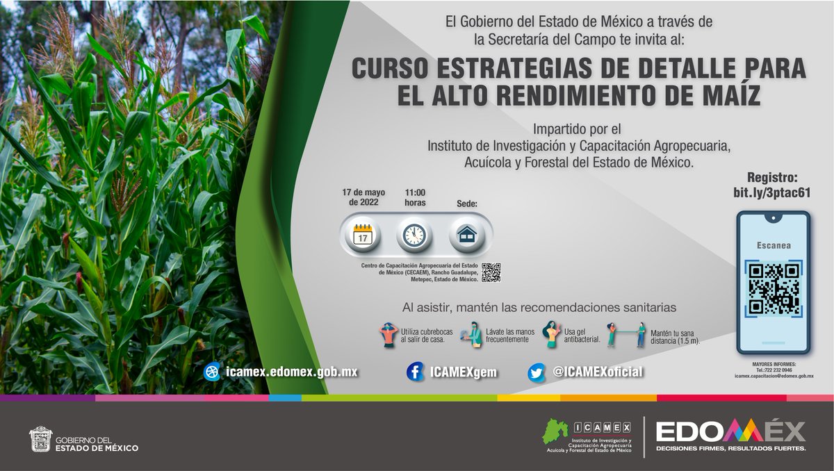 ICAMEXoficial's tweet photo. #CursoICAMEX 👩🏻‍💻🧑🏾‍💻 || La @CampoEdomex  través del #ICAMEX, invita al curso “Estrategias de Detalle Para el Alto Rendimiento de Maíz”.
🗓 Se llevará a cabo el 17 de mayo del año en curso en el #ICAMEX en Metepec, Estado de México.
📌Regístrate en: https://t.co/TTMCt7XAvu https://t.co/uup3AMgv4l