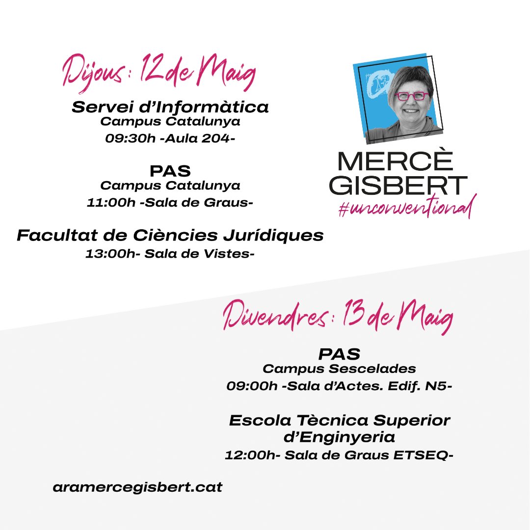 aramercegisbert's tweet photo. ➡️Tanquem la jornada avui! Aprofitem per a recordar-vos l'agenda dels pròxims dies.
📍 Ens veiem demà al Campus Catalunya. 
#unconventional #EleccionsURV https://t.co/79aX0AUP5F
