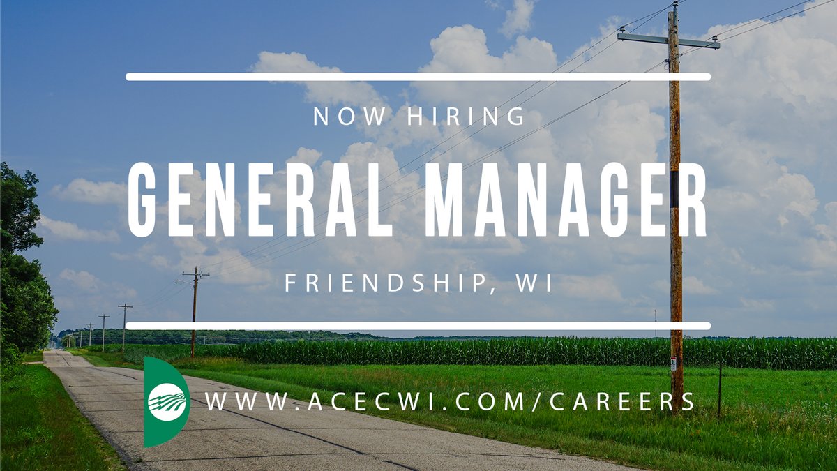 📣NOW HIRING 
We're #hiring for our General Manager position. The deadline to apply is Friday, June 17. 

To learn more about the position and to apply, please visit acecwi.com/careers.

#electriccooperatives #generalmanager