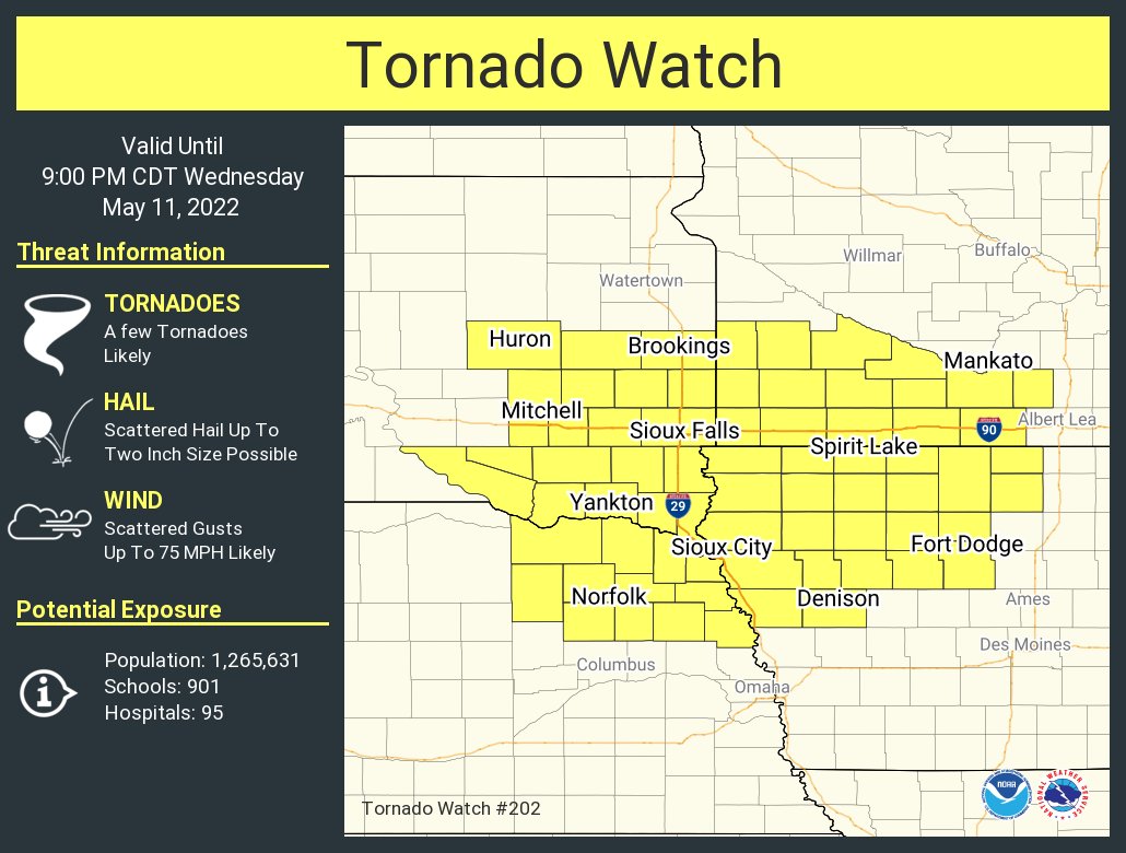 NWSTwinCities's tweet photo. A tornado watch has been issued for parts of Iowa, Minnesota, Nebraska and South Dakota until 9 PM CDT https://t.co/arWfGbnfIL