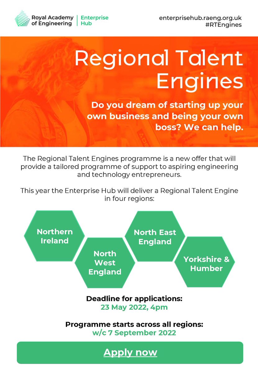 The @RAEngNews's Enterprise Hub has reopened its accelerator for early stage #engineering entrepreneurs in Yorkshire and Humber, and the North East, providing #funding, mentoring and connections to those with an engineering #innovation idea.

bit.ly/3wiagJi
#RTEngines