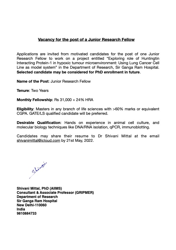 shivanimittal's tweet photo. We are looking for an enthusiastic team member to join our group at #Research Department, SGRH, as a #JRF. Please RT and share.#phdchat #PhD #AcademicTwitter #AcademicChatter #Academia #phdpositions #vacancy  #sciencetwitter https://t.co/VGt9I5GKgH