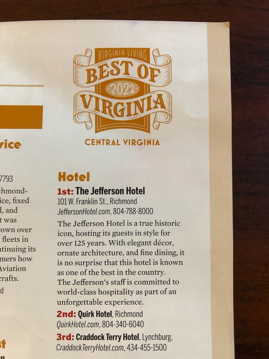 Thanks to the readers of <a href="/VirginiaLiving/">Virginia Living</a> for again choosing The Jefferson as the Best Hotel in Central Virginia. #BestofVirginia2022