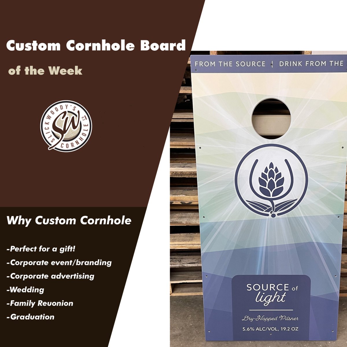 slickwoodys's tweet photo. Our custom 🌽🕳️ board of the week! 

Summer ☀️is the perfect time to get outside and play and show off your brand or creative design for your family reunion! 

Check out the work we did for #sourcebrewing 

Order your custom 🌽🕳️ board here 👇
https://t.co/l7l9cW5SZQ https://t.co/9L12BNGbOc
