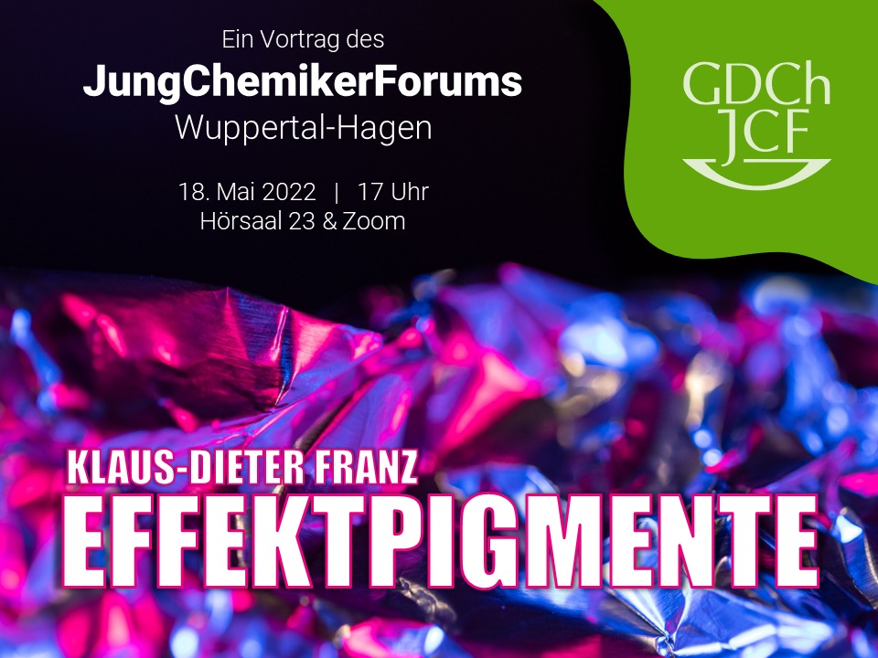 Am 18. Mai beehrt uns Klaus-Dieter Franz mit seinem Vortrag über Effektpigmente. Los geht es um 17 Uhr in Hörsaal 23 und über Zoom über die Meeting-ID: 975 7235 7998 und das Passwort: zf3x9Anr. Wir freuen uns auf euch!