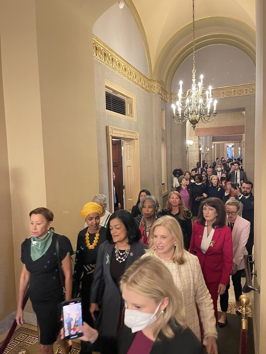 House Democratic women walking to Senate ahead of the abortion vote, yelling “My decision, my body”