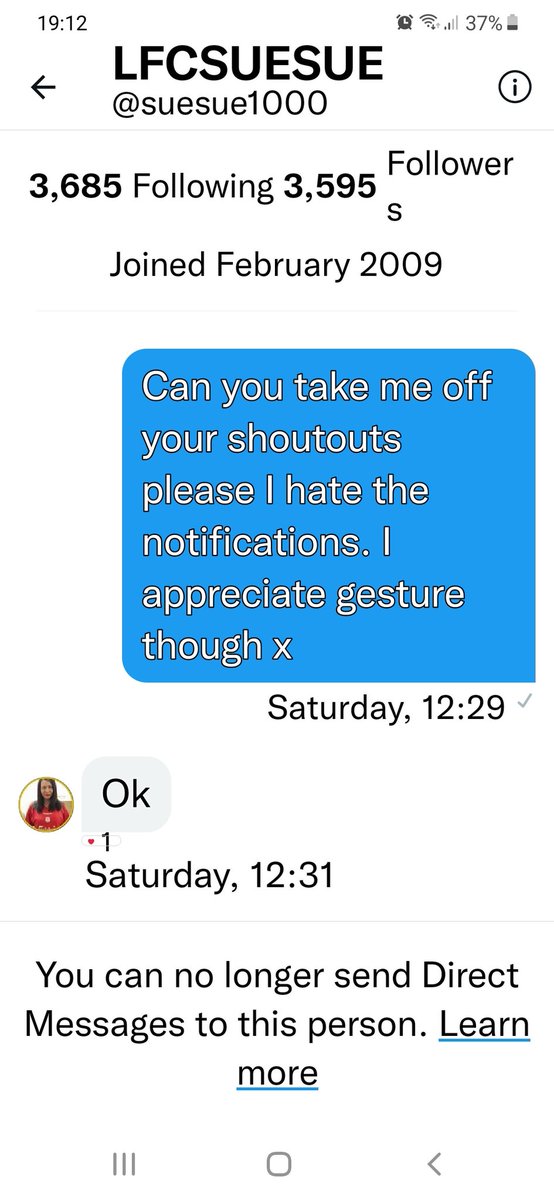 Liverbird_jj's tweet photo. Here's another weirdo ..kept adding me to shoutouts so I sent her this message lol she blocked me. 😆 🤣 😂 #sensitivemuch #WontMissYourWeirdTweetsLookingForAttentionAboutYourSickFriends. #manc https://t.co/hBKCqvPq9K