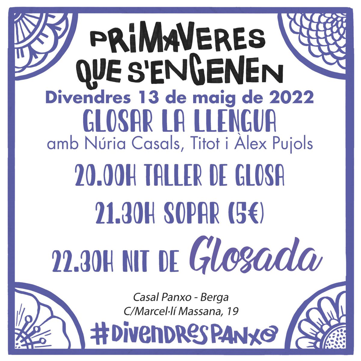 Quart #DivendresPanxo de glosa. A partir de les 8 del vespre, taller amb Núria Casals, <a href="/francescribera/">Francesc Ribera</a> i Àlex Pujols. Seguidament, sopar popular (5€) i nit de glosada. 🎤🎶

Ens hi veurem? ✊🏼