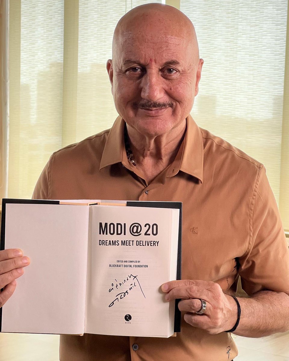 AnupamPKher's tweet photo. Privileged to be one of the authors of this powerful book ‘Modi@20: Dreams meet Delivery’! The book got launched in Delhi. I had the honour to get it autographed earlier by PM @narendramodi ji.Please pick up a copy to know more about the enigma popularly called #Modi! Jai Ho!🙏🇮🇳 https://t.co/GiuzyfcCxQ