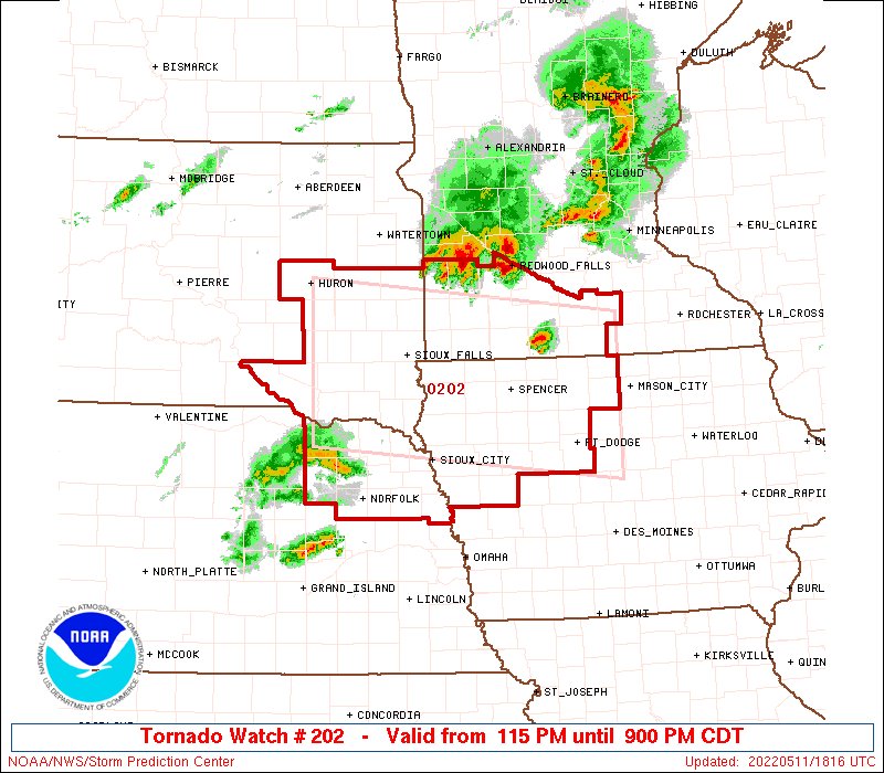NWSSPC's tweet photo. 1:17pm CDT #SPC_Watch WW 202 TORNADO IA MN NE SD 111815Z - 120200Z, #iawx #mnwx #newx #sdwx, https://t.co/WX7rh1Zi70 https://t.co/iyigqCNXJl