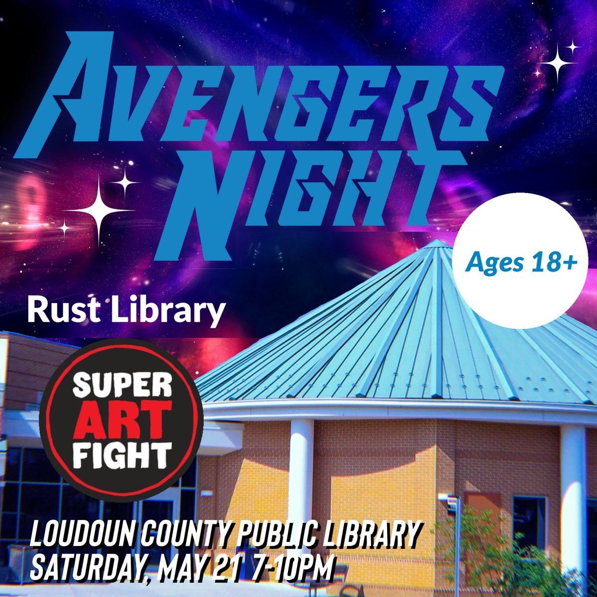 SuperArtFight's tweet photo. Grab your Library Card and join us! 🖊💪💫📚

Check @LoudounLibrary &amp; our socials for details leading up to the show #RustLibrary #AvengersNight https://t.co/FFPLQ9RUap