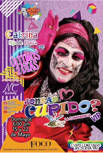 CarteleraCDMX's tweet photo. "¿Ontás Cupido? La conferencia VIP"
De @catrinahijade 

SÓLO QUEDAN 2 FUNCIONES
Domingos 15 y 22 de mayo, 6:00 pm
En @ElFocoCC (Tlacotalpan 16, Col. Roma Sur) https://t.co/nJ6iFchFa8